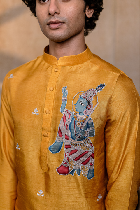 Mural Krishna β Mustard Yellow Krishna Mural Falling Raw Silk Kurta