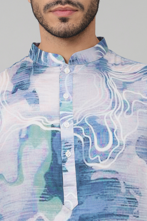 Marbre — Blue Marble Print Silk Kurta