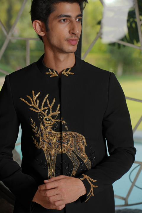Winter Crest β Black Gold Zardozi British Suede Suiting Bandhgala