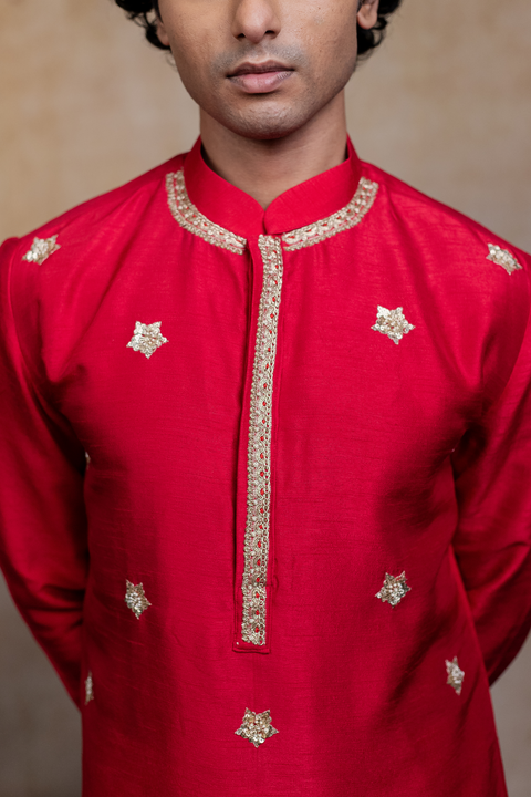 Kumkuma β Crimson Red Zari Embroidered Falling Raw Silk Kurta