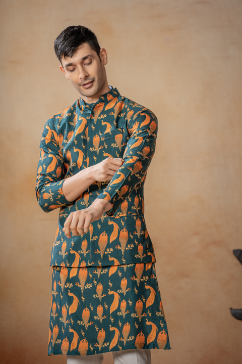 Tealock — Green Nature Printed Cotton Satin Nehru Jacket Set