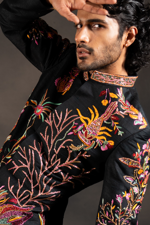 Black Tides β Black Hand Embroidered Raw Silk Sherwani