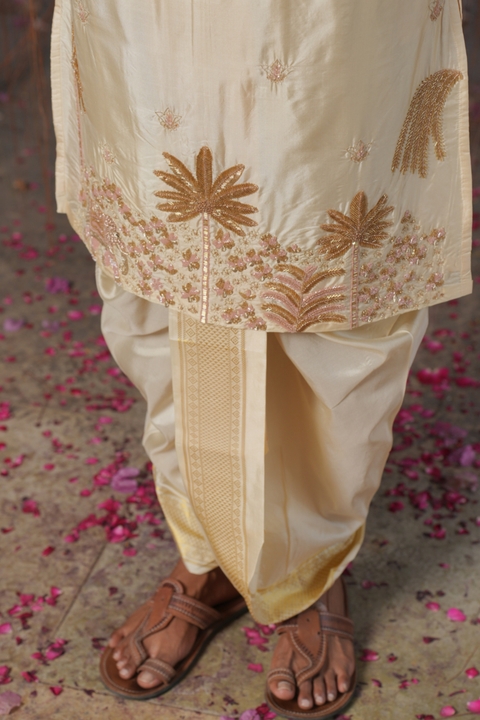 Vruksha Kanjivaram — Cream Pink Hand Embroidered Kanjivaram Pattu Silk Kurta Set