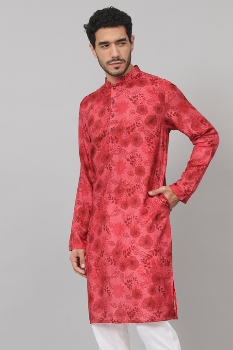 Blossomage — Red Floral Print Silk Kurta