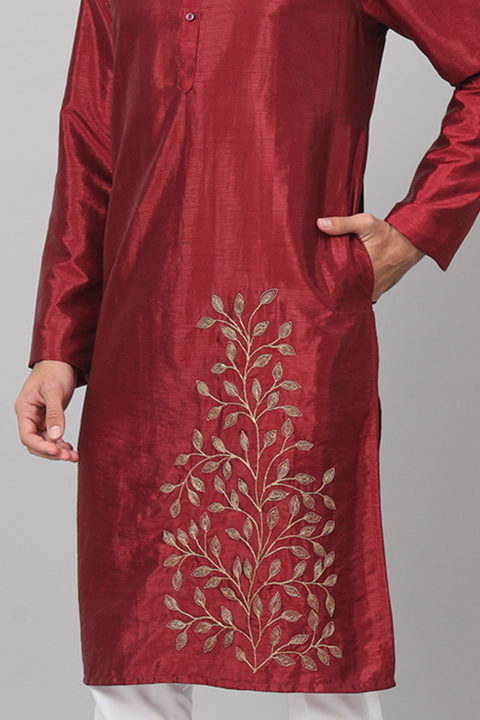 Marrom — Maroon Embroidered Semi Raw Silk Kurta