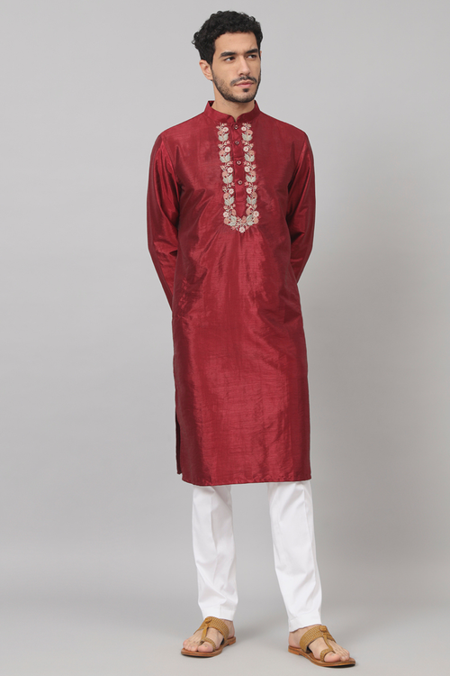 Claret — Maroon Embroidered Semi Raw Silk Kurta