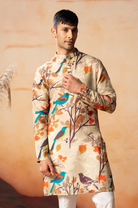 Serene — Cream Bird Print Cotton Kurta