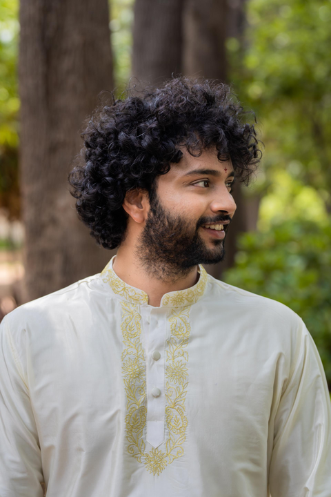 Gleaming Gold — Off-White Gold Zari Thread Embroidered Pattu Kurta Set