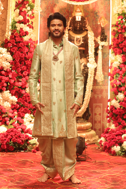 Sage β Sage Green Hand Embroidered Chiniya Pattu Sherwani Set