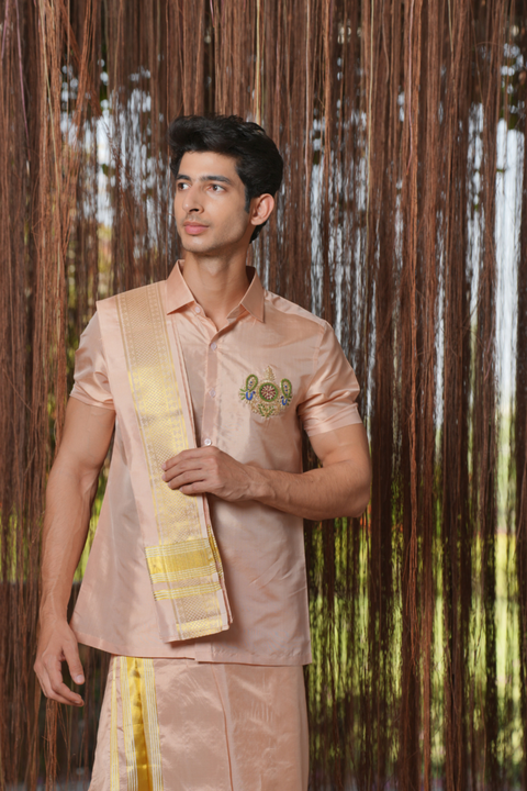 Ratna Kanjivaram — Blush Hand Embroidered Kanjivaram Pattu Silk Shirt & Lungi Set