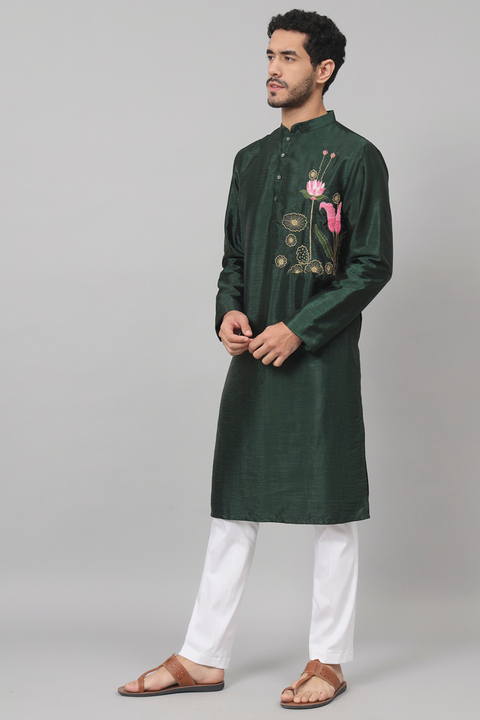 Varen — Green Embroidered Semi Raw Silk Kurta