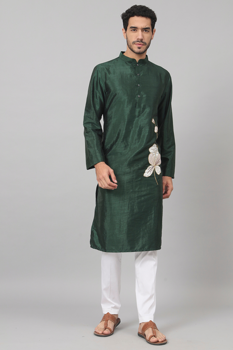 Wijze — Green Embroidered Semi Raw Silk Kurta