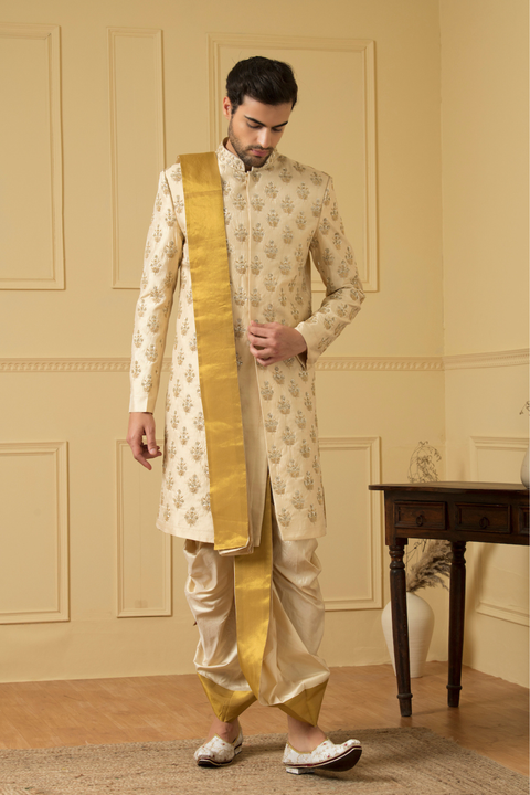 Esplendor — Off White Gold Hand Embroidered Dupion Silk Sherwani