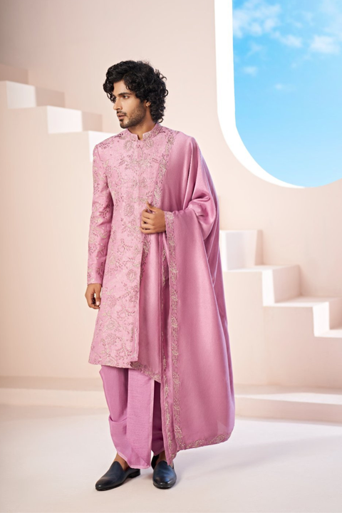 Velora β Mauve Pink Hand Embroidered Falling Raw Silk Sherwani