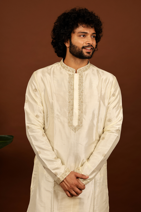 Lujo — Off-White Thread Embroidered Pattu Kurta Set