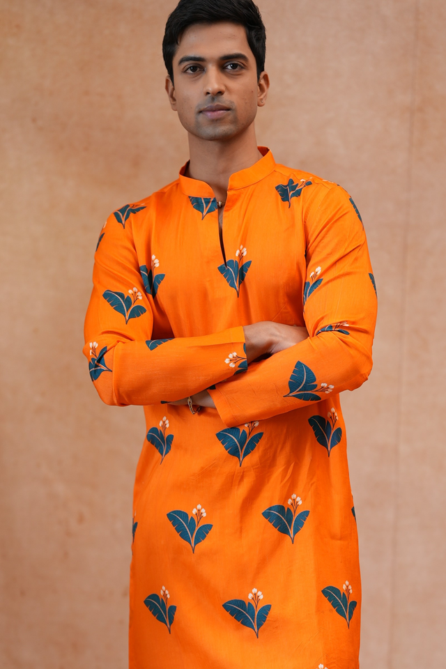 Citrus Bloom — Orange Leaf Sprig Printed Falling Raw Silk Kurta