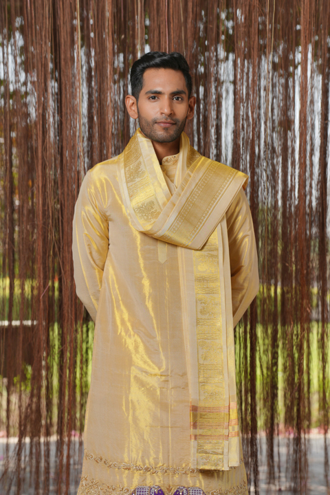 Varna Kanjivaram — Gold Thread Embroidered Kanjivaram Pattu Tissue Silk Kurta Set