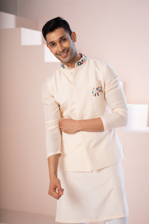 Peach Elephant — Peach Thread Embroidered Semi Raw Silk Nehru Jacket