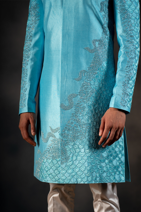 Underwater Bliss β Blue Hand Embroidered Raw Silk Sherwani