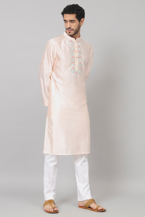 Oxlip — Peach Embroidered Semi Raw Silk Kurta