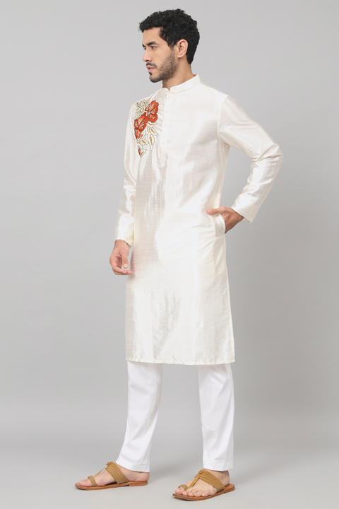 Beju — Off White Embroidered Semi Raw Silk Kurta