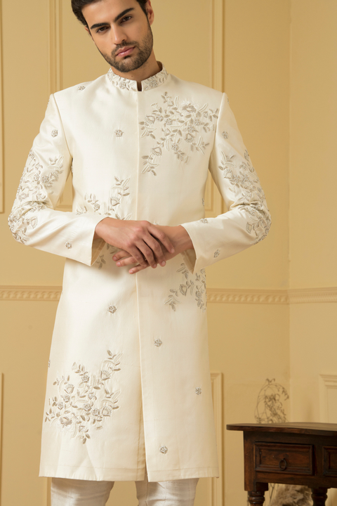 Crema — Cream Hand Embroidered Dupion Silk Sherwani
