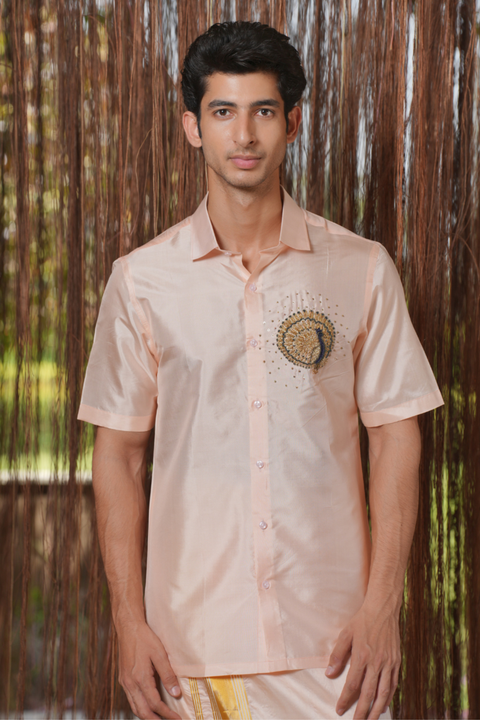 Mayura Kanjivaram — Light Pink Peacock Hand Embroidered Kanjivaram Pattu Silk Shirt & Lungi Set