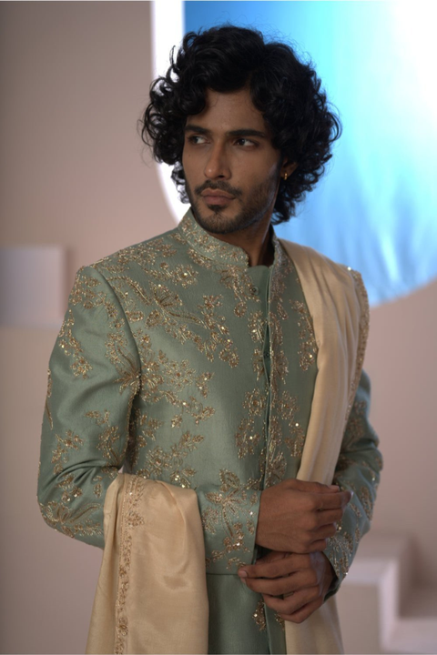 Aurelin β Olive Green Hand Embroidered Dupion Silk Sherwani