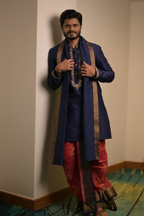 Royal Navratna — Navy Blue Zari Embroidered Dupion Silk Kurta & Dhoti Set