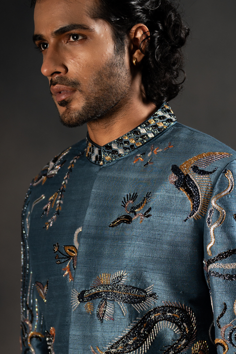 Oceanic Depths — Blue Hand Embroidered Raw Silk Sherwani