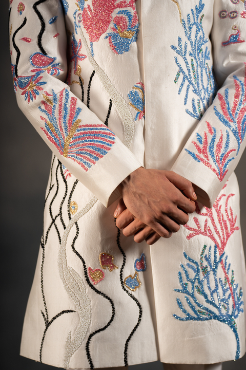 Aqua Marine — Off White Hand Embroidered Dupion Silk Sherwani