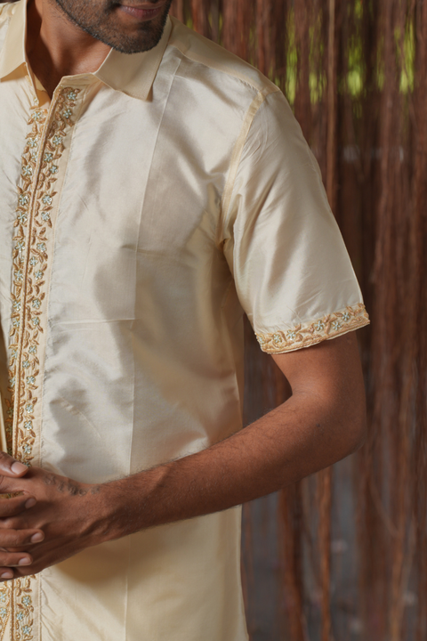 Sitara Kanjivaram — Sandstone Thread Embroidered Kanjivaram Pattu Silk Shirt & Lungi Set