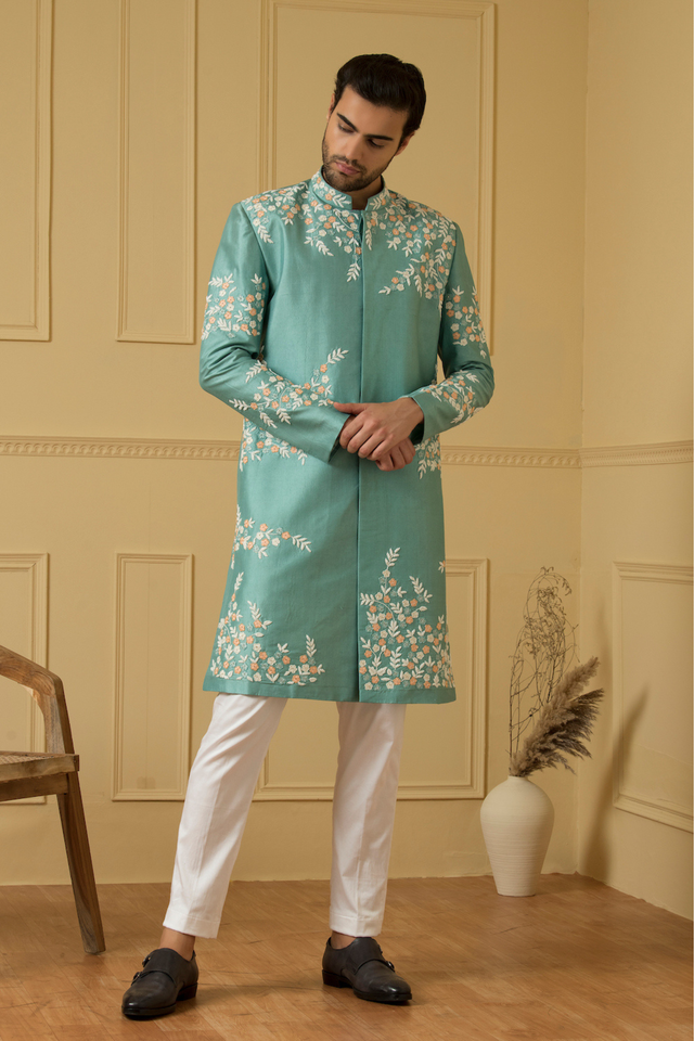Marino — Sage Green Hand Embroidered Dupion Silk Sherwani