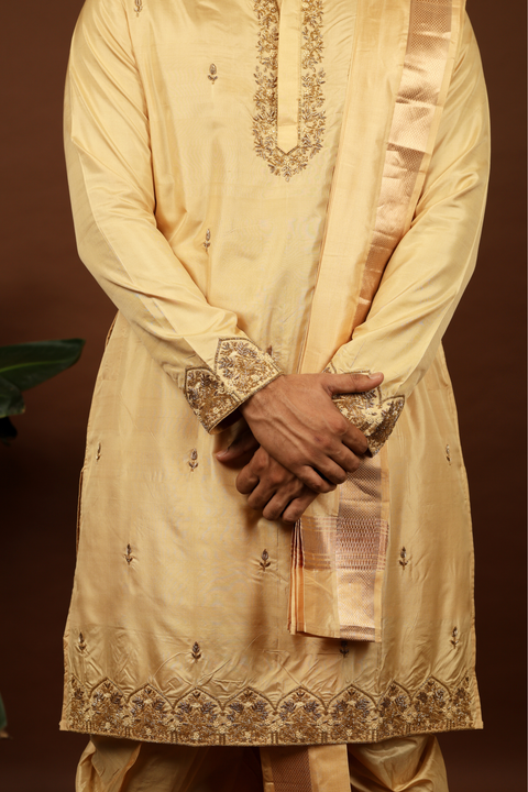 Dorado — Rose Gold Hand Embroidered Pattu Kurta Set