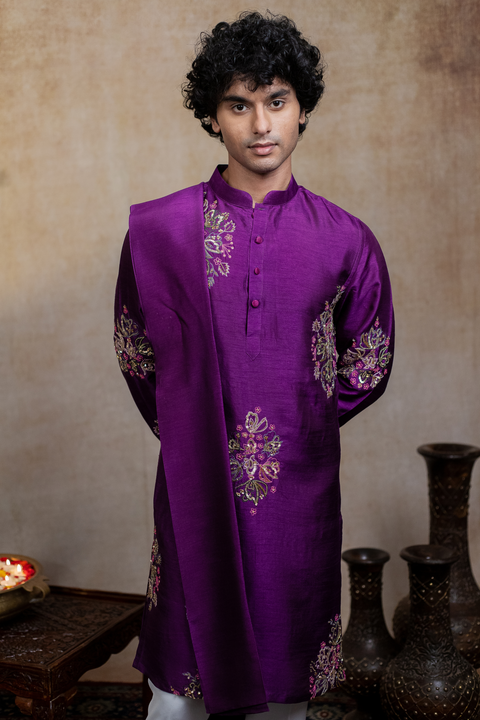Mayura Cham β Purple Peacock Embroidered Falling Raw Silk Kurta