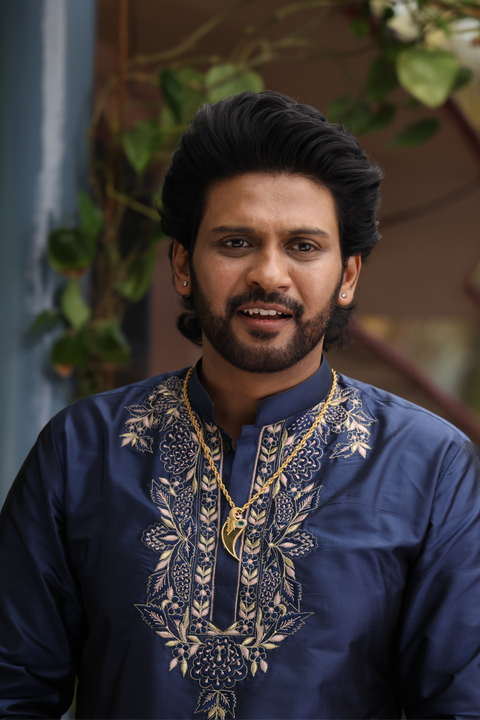 Navy Noor — Navy Hand Embroidered Dupion Silk Kurta Set