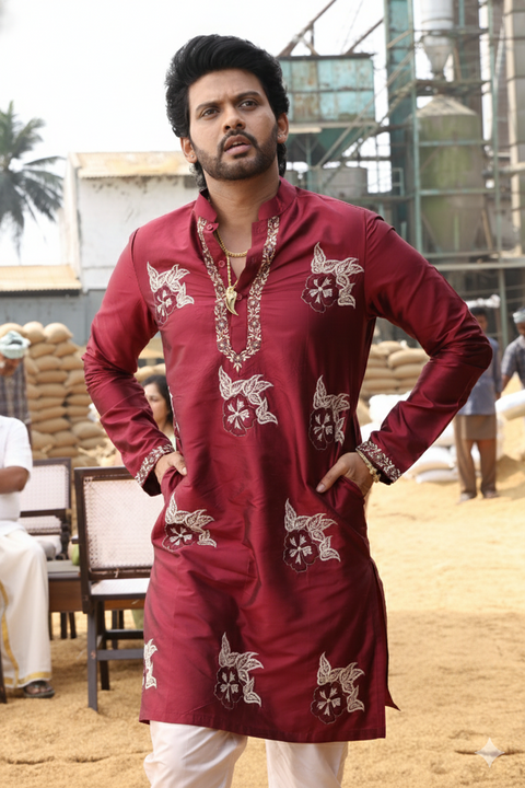 Velvet Wine — Maroon Hand Embroidered Dupion Silk Kurta Set