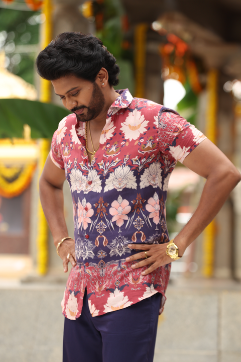 Blossencia — Vibrant Red & Navy Blue Printed Cotton Satin Shirt