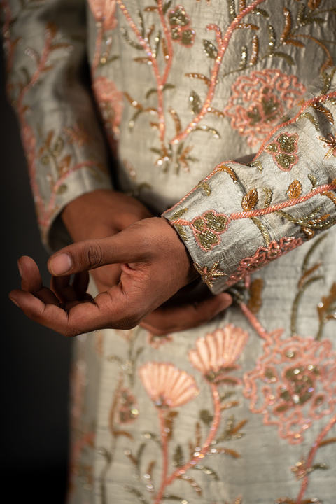 Minty Coral — Olive Green Hand Embroidered Raw Silk Sherwani