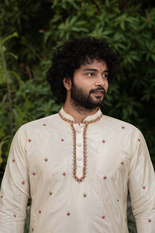 Classic Hand Embroidery — Off-White Pink-Thread Zardozi Pattu Kurta Set