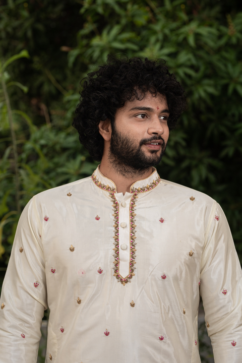 Classic Hand Embroidery — Off-White Pink-Thread Zardozi Pattu Kurta Set