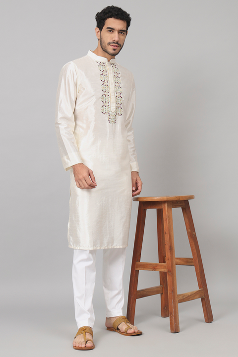 Rein — Off White Embroidered Falling Raw Silk Kurta