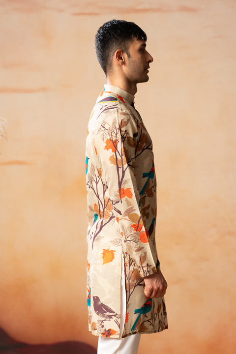 Serene — Cream Bird Print Cotton Kurta