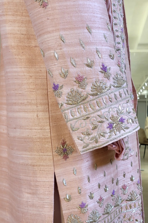 Peach Elegance β Peach Hand Embroidered Dupion Silk Sherwani