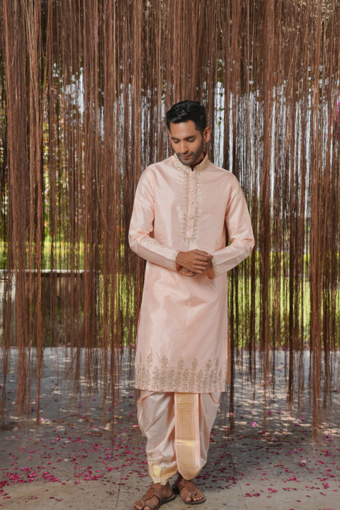 Mrudanga Kanjivaram — Light Pink Thread Embroidered Kanjivaram Pattu Silk Kurta Set