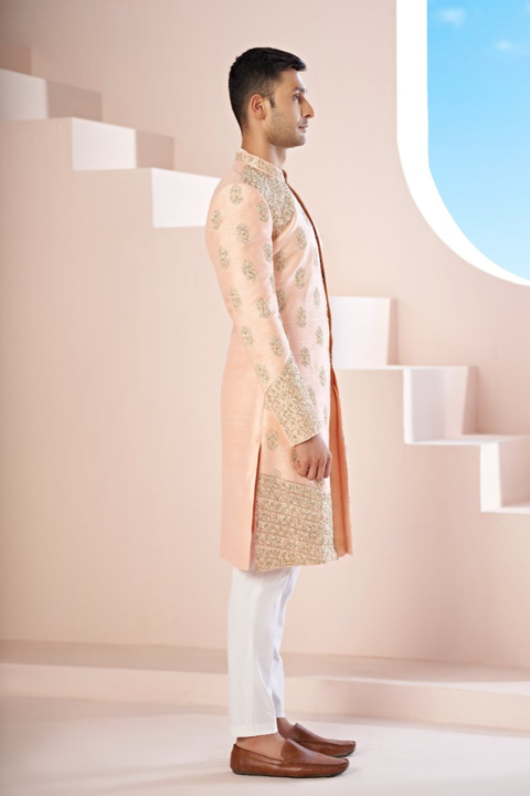 Vexella — Peach Hand Embroidered Raw Silk Sherwani