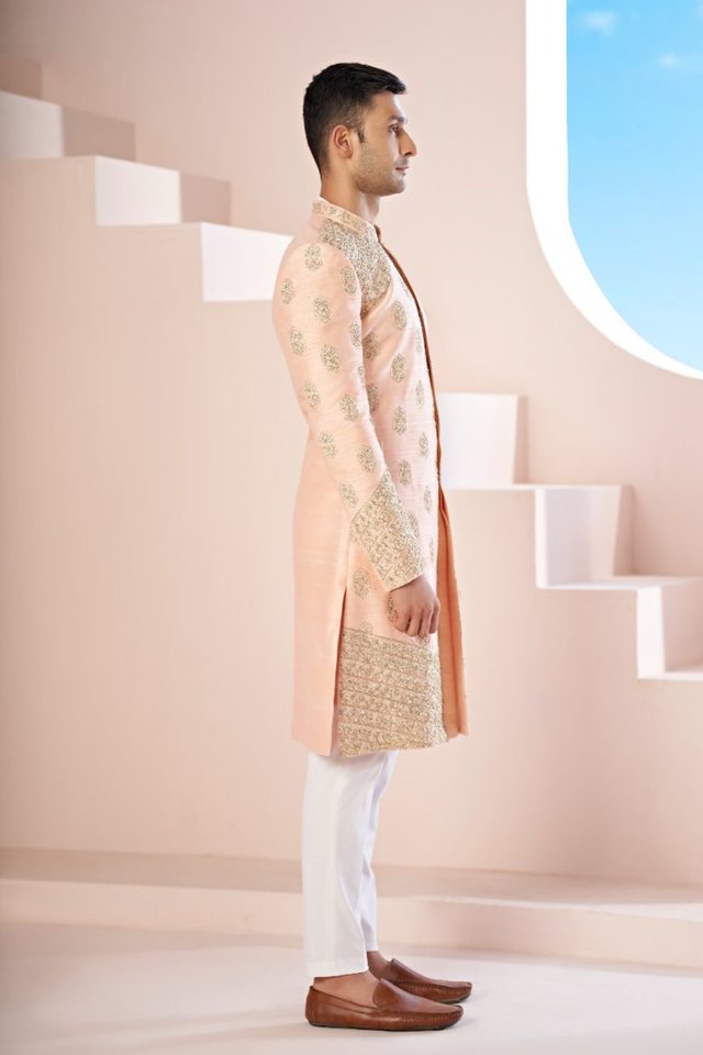 Vexella — Peach Hand Embroidered Raw Silk Sherwani