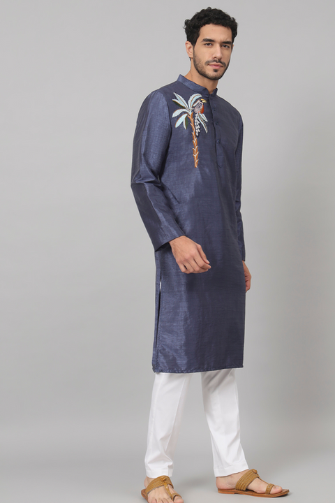 Sapp — Blue Embroidered Semi Raw Silk Kurta