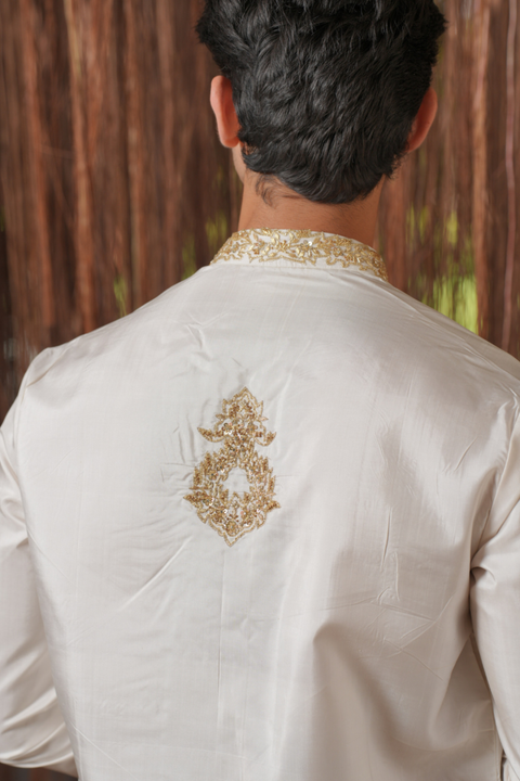 Dhvani Kanjivaram — White Hand Embroidered Kanjivaram Pattu Silk Kurta Set