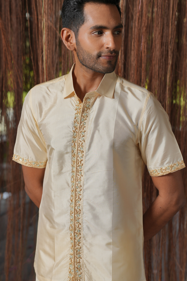 Sitara Kanjivaram — Sandstone Thread Embroidered Kanjivaram Pattu Silk Shirt & Lungi Set